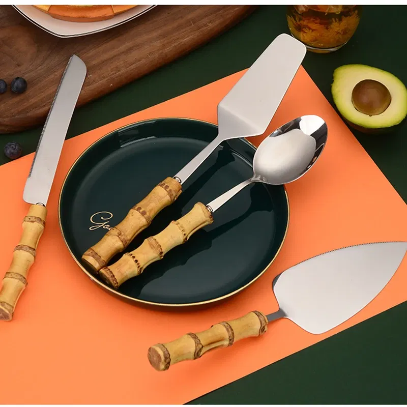 Color: Light Grey - Nature Bamboo Pizza Cake Shovel Triangular Spatula Set Steel Stainless Cheese Slicer Cutter Knife,Butter Knife