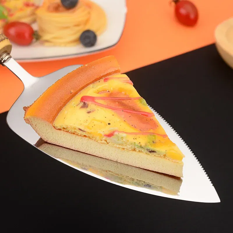 Color: Light Grey - Nature Bamboo Pizza Cake Shovel Triangular Spatula Set Steel Stainless Cheese Slicer Cutter Knife,Butter Knife