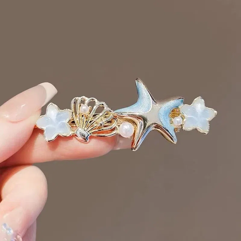Color: Blue - Dreamy Blue Fishtail Starfish Glaze Duckbill Clip Women Forehead Bangs Barrettes Alloy Side Clip Super Fairy Hair Accessories