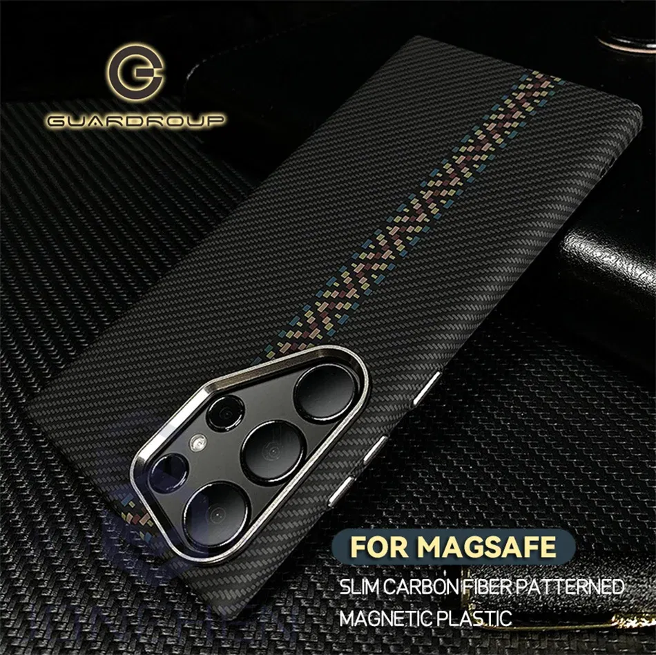 Color: black, Material: Genuine leather - Carbon Fibre 3D Relief For MagSafe Case For Samsung Galaxy S24 Ultra S23 Plus Wireless Charge Hard PC Shockproof Magnetic Cover