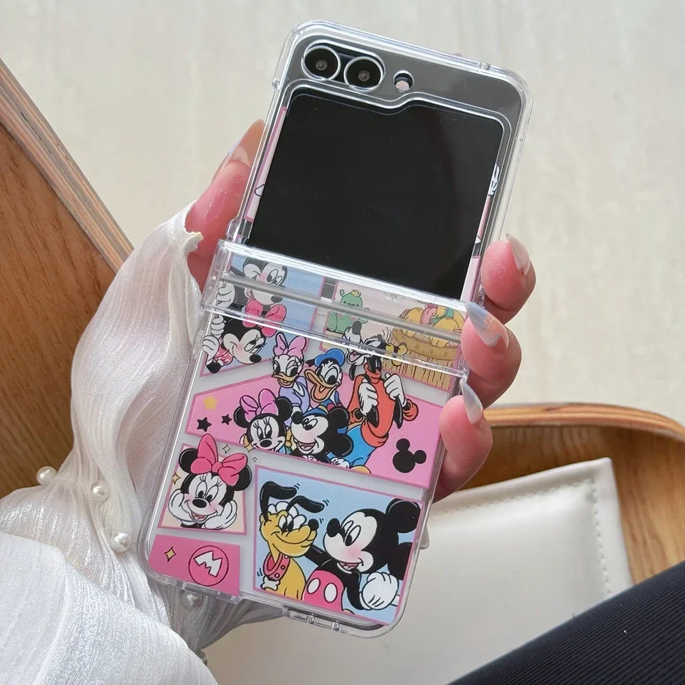 Material: Leather, Color: Beige - Cute Cartoon Disney Mickey Minnie Mouse Phone Case For Samsung Galaxy Z Flip 7 6 5 4 3 Stand Holder Case Hard Cover With Lanyard
