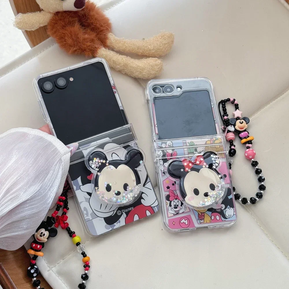 Material: Leather, Color: Beige - Cute Cartoon Disney Mickey Minnie Mouse Phone Case For Samsung Galaxy Z Flip 7 6 5 4 3 Stand Holder Case Hard Cover With Lanyard