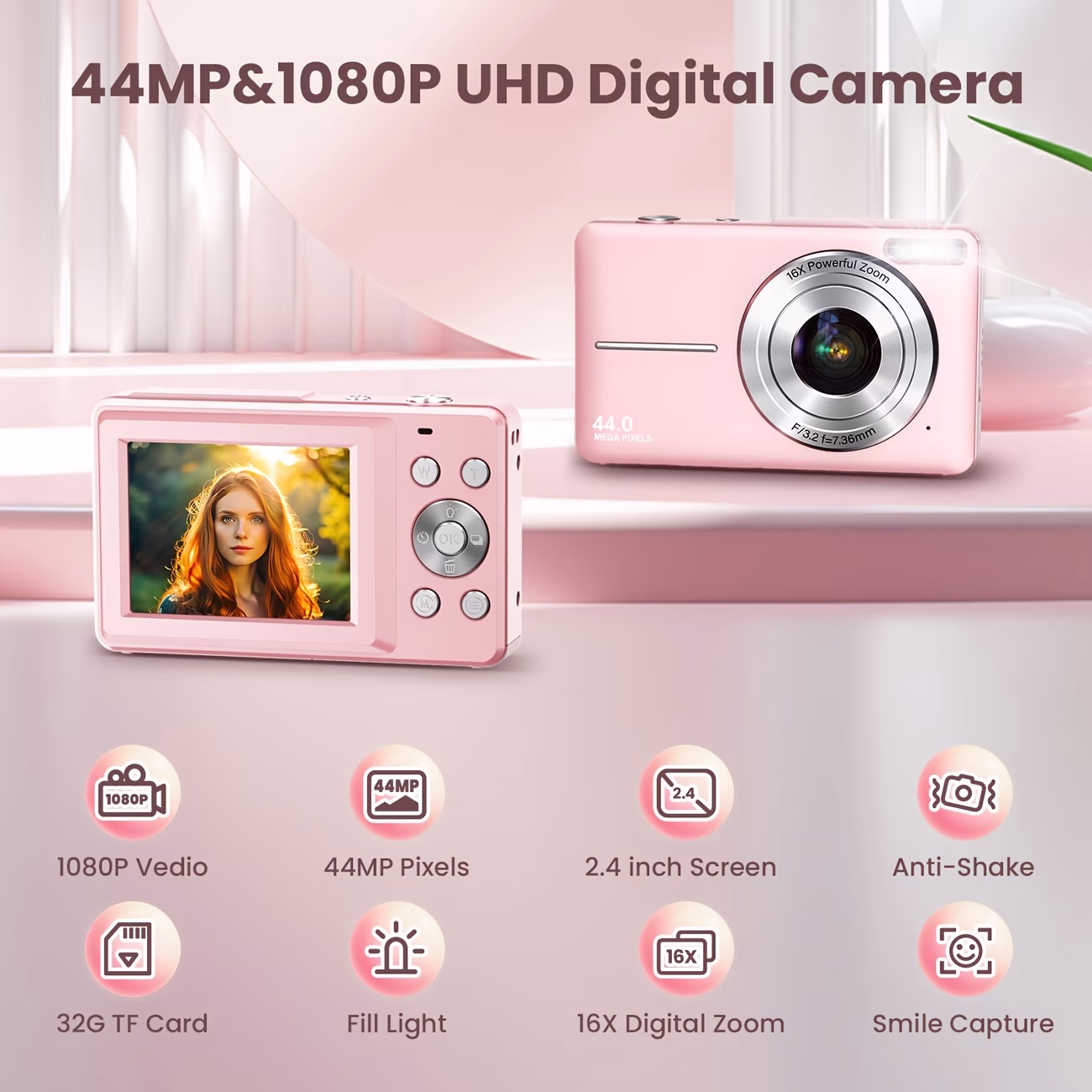 STUOGYUM® Mini Camera Retro Mini Camera – 1080P HD Video Recorder Digital Camera with 44MP Resolution and 16X Digital Zoom