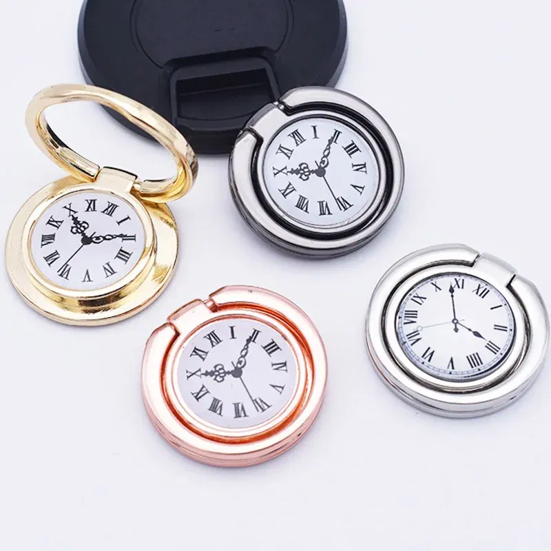 Color: black - Clock Mobile Phone Ring Holder Full Metal Mobile Phone Ring Buckle Clock Ring Buckle 360-degree Rotating Universal Bracket