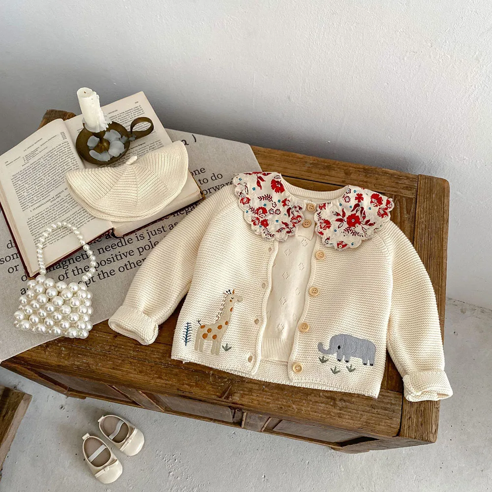 Color: Beige, Kid Size: 18M - 0-3 Y Autumn Baby Girls Clothes Animal Embroidery Sweaters Beige Knitwear O Neck Cardigans
