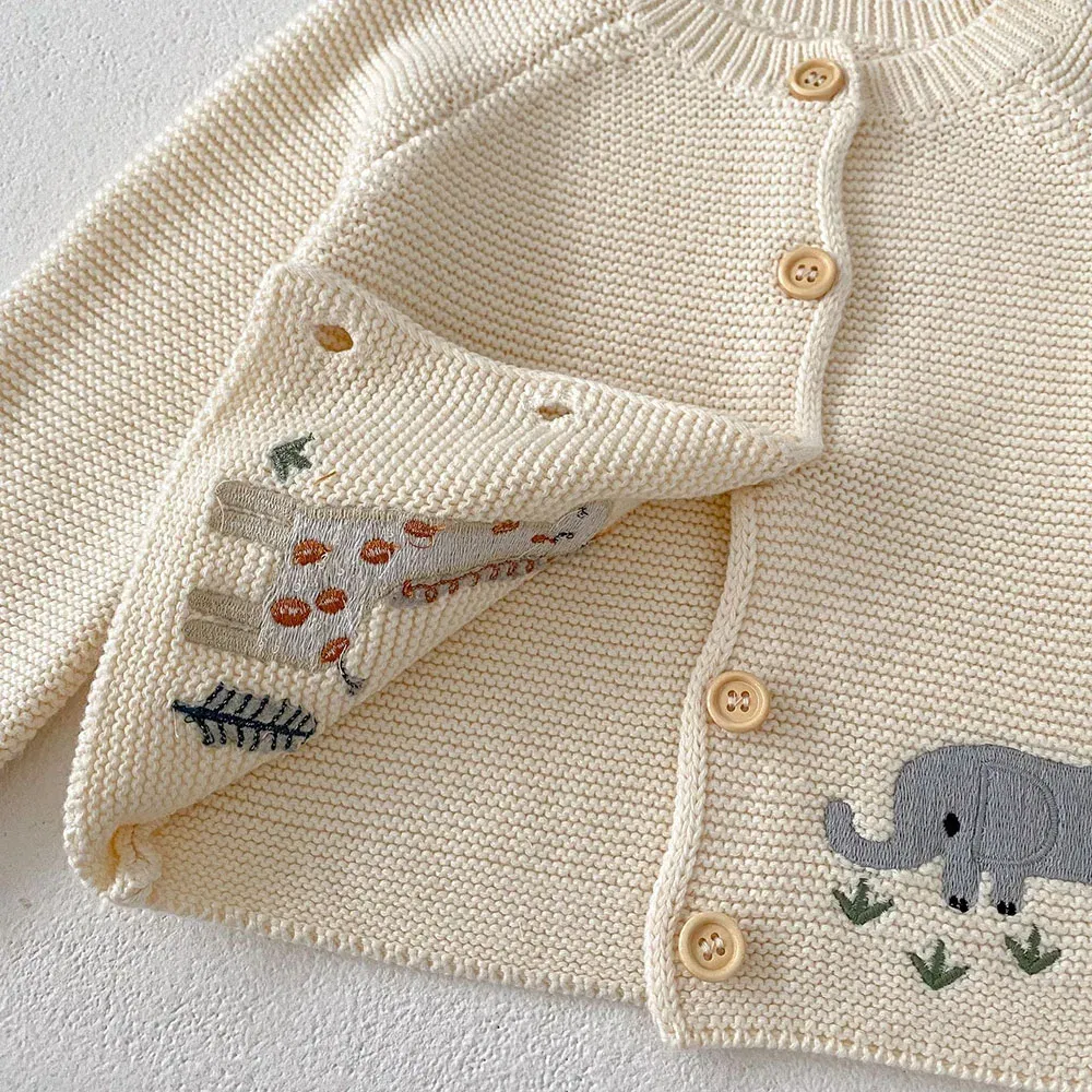 Color: Beige, Kid Size: 18M - 0-3 Y Autumn Baby Girls Clothes Animal Embroidery Sweaters Beige Knitwear O Neck Cardigans