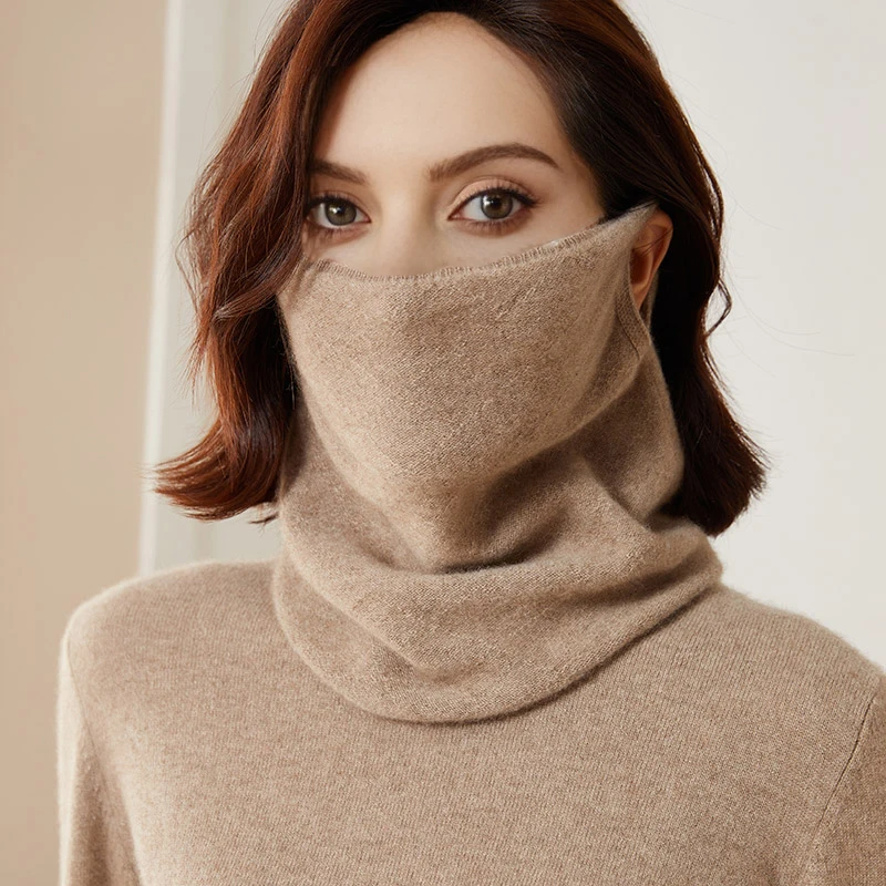 Color: wine red, Size: One Size - 100% Merio Wool Neck Warmer Women Winter Warm Fashion Hollow Out Cover Tube Scarf Ear Face Mask False Collar Autumn Headband
