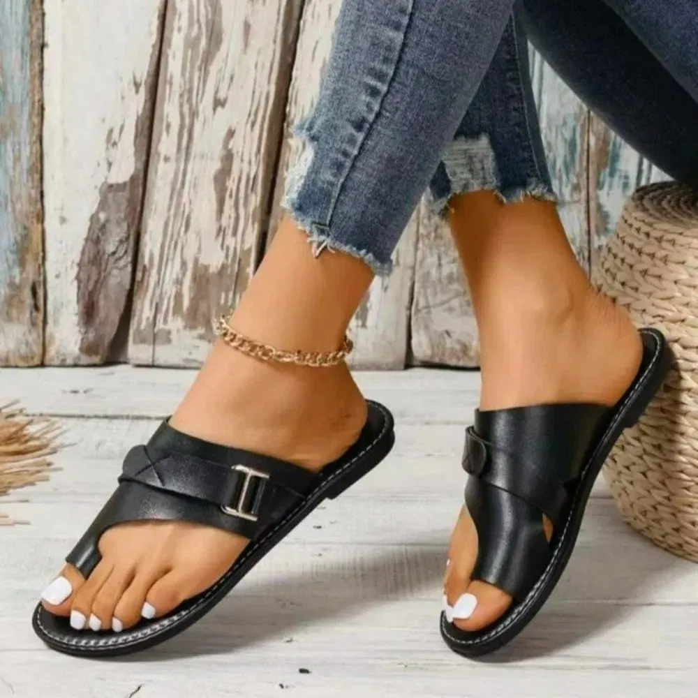 Color: Black, Shoe Size: 42 - Women Slippers Outdoor Casual Beach Women Shoes Summer New Flats Flip Flop Sandals Walking Clip Toe Rome Buckle Ladies Slides