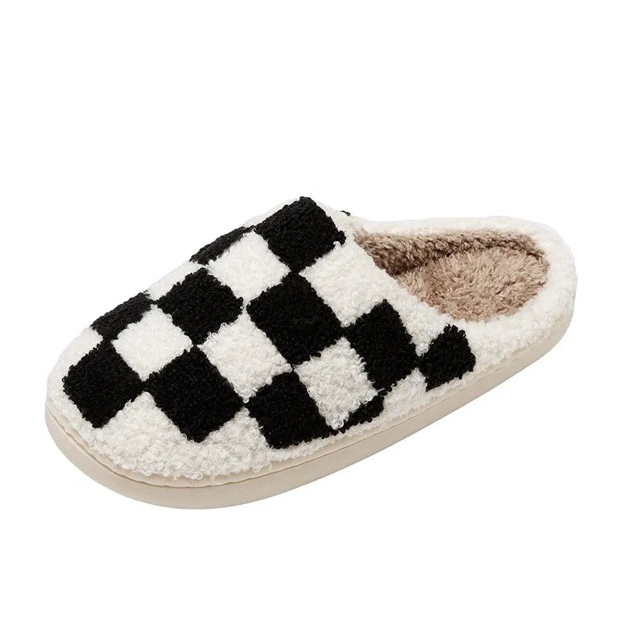 Color: Pink, Shoe Size: 4 - New Fuzzy Slippers Fashion Checker Indoor Embroidery Houseshoes Cozy Woman Winter Fluffy House Retro Checkered Print Shoes