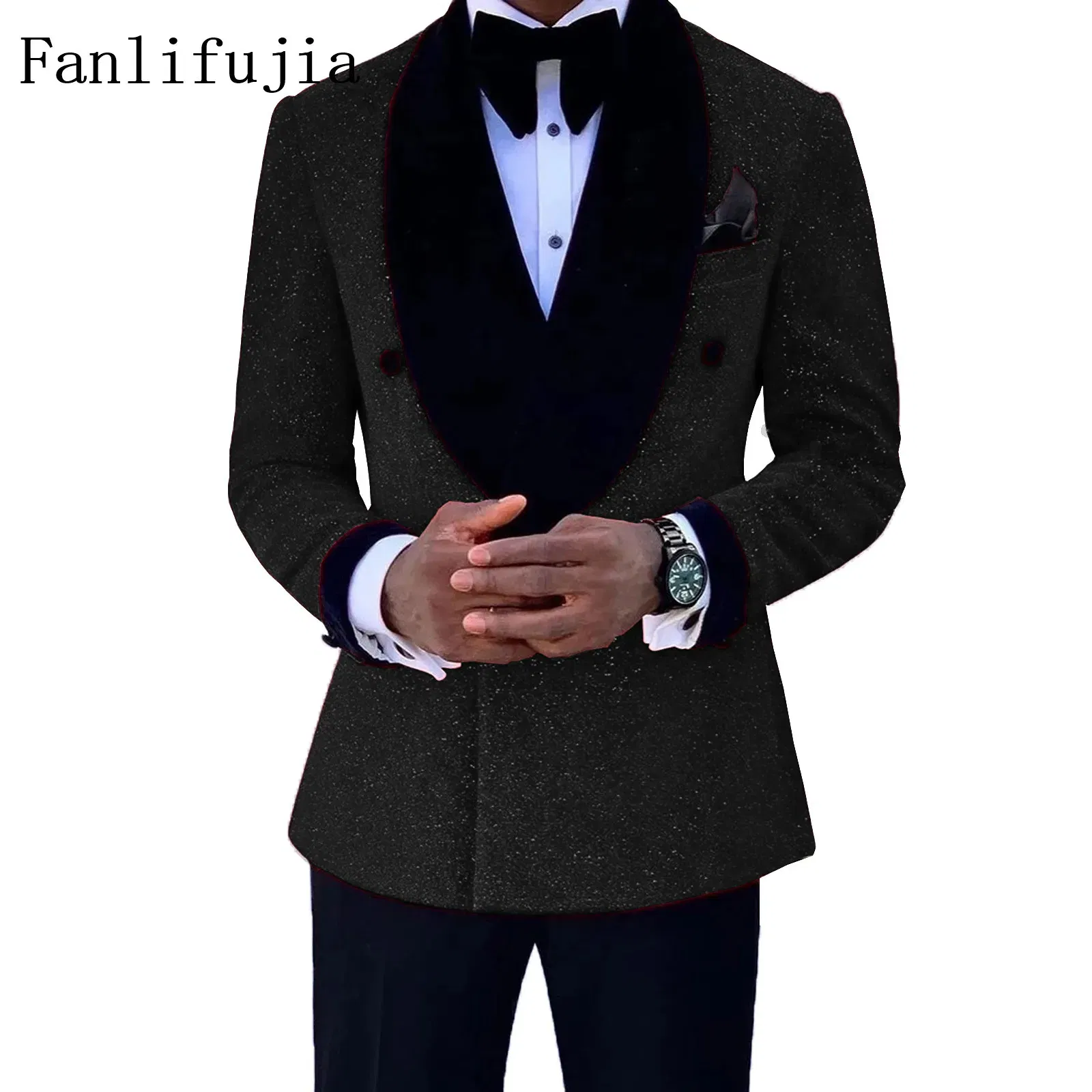 Color: black, Size: XL - Fanlifujia Luxury Red Glitter Suits Men Groom Wedding Tuxedo Double Breasted Blazer Formal Evening Party Prom Dress 2 Pieces Set