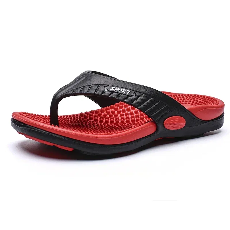 Color: Red, Shoe Size: 42 - Massage Flip Flops for Men Summer Breathable Beach Shoes Sandals Men Luxury Flip Flops Breathable Plus Big Size Men Slippers 46
