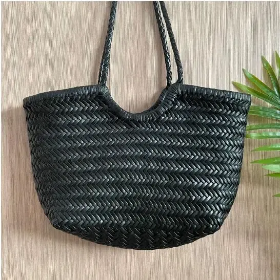 Hand Knitted Designer Genuine Leather Elegant ?‹Handle Female Totes Vintage Women's Handbag Cowskin Lady Large Shoulder Bag
