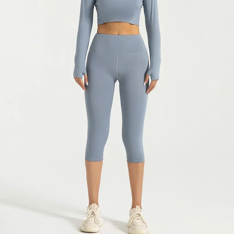 Color: Blue, Size: S - Women's Yoga Pants High Waist Capri Pants 3/4 Leggings Exercise Seamless Abdomen Running Fitness Tights Gym