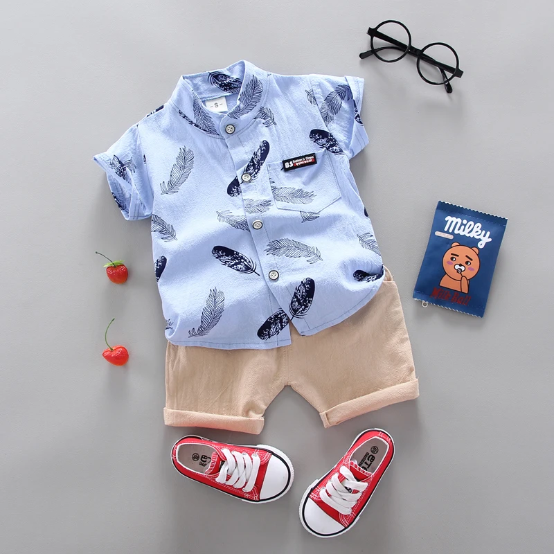 Color: Yellow, Kid Size: 9M - 0-3 Year Old Baby Summer Feather Print Shirt Short Sleeve Suit