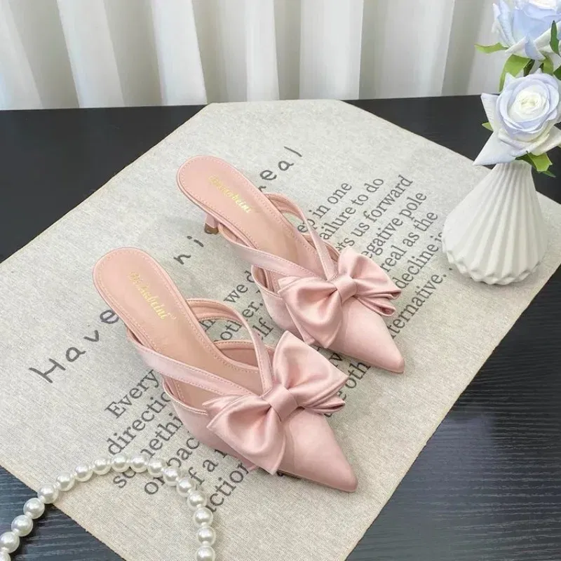 Color: Pink, Shoe Size: 37 - Fairy Style Pink Cool Slippers for Women's Summer 2024 French Pointed Bow Hollow High Heels, Half Wrapped Women's Slippers