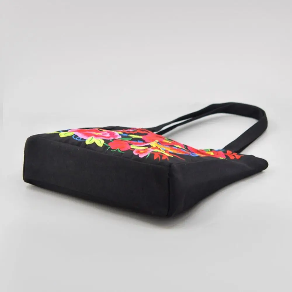 Color: Dark Grey - Ethnic Style Women Shoulder Bag Casual Canvas Large Capacity Embroidered Tote Bag Handbag Colorful Shopping Bag