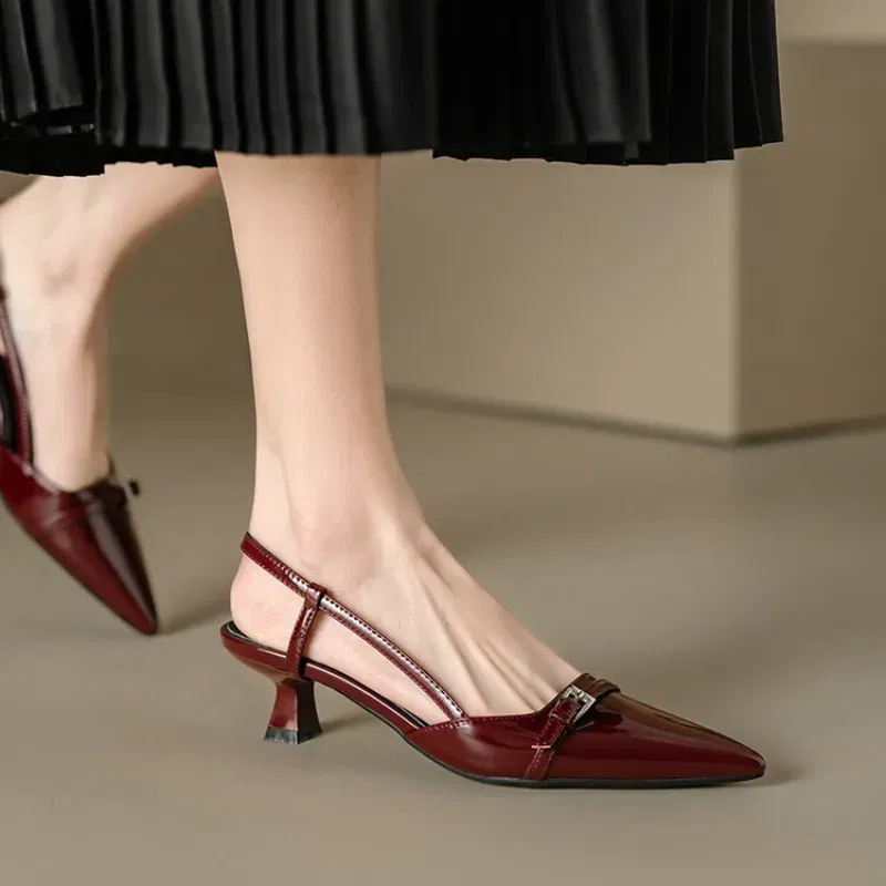 Color: Beige, Shoe Size: 37 - 2024 New Summer Women's Dress Shoes Patent Leather Slip on Pointed Toe Sandals Buckle Slingbacks Mid Heels Pumps Sandalias Mujer