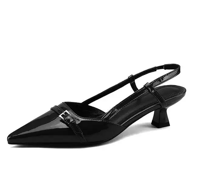 Color: Beige, Shoe Size: 37 - 2024 New Summer Women's Dress Shoes Patent Leather Slip on Pointed Toe Sandals Buckle Slingbacks Mid Heels Pumps Sandalias Mujer
