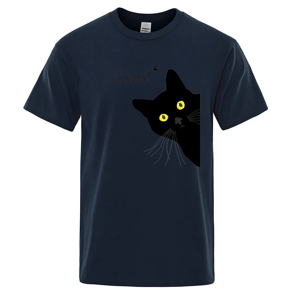 Color: Blue, Size: L - Meow Black Cat Funny Printing Men T-Shirts Breathable Tee Clothes Summer Streetwear Tops Oversized Loose Cotton Short Sleeve