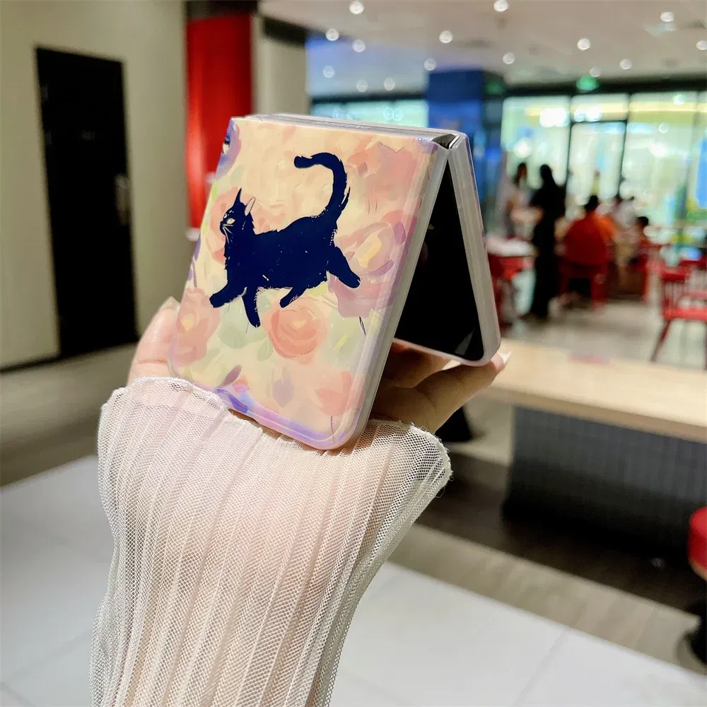 Material: Aluminum, Color: Beige - Cute Lazy Cat Deer Oil Painting Z Flip 3 4 5 Case Luxury for Samsung Galaxy Z Flip 4 3 5 Z4 Flip4 Flip3 Flip5 Fashion Cover