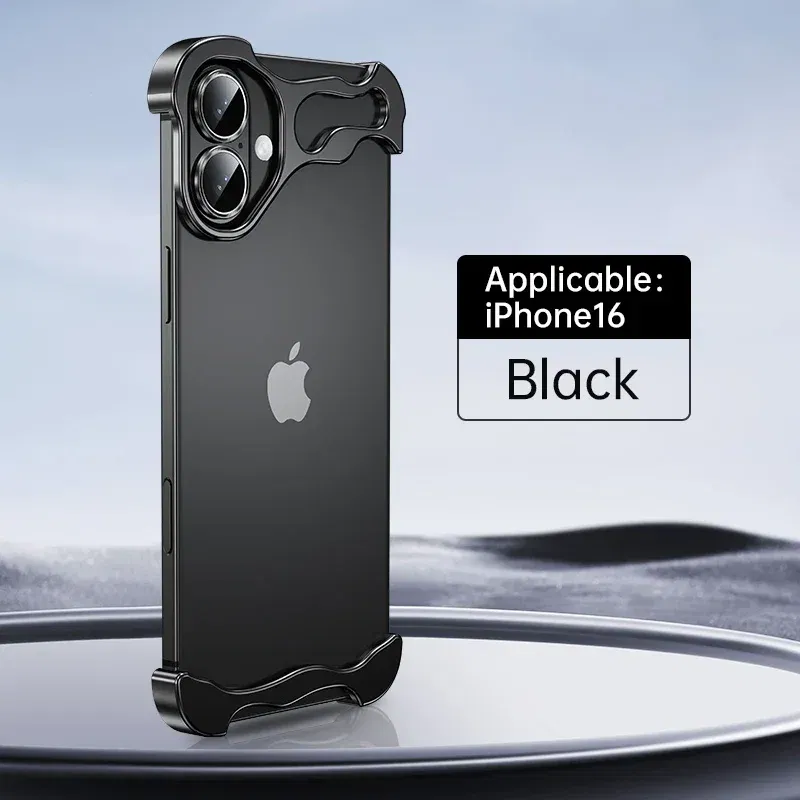 Color: WHITE, Material: Microfiber - Aluminum Metal Rimless Phone Case for iPhone 16 15 14 Plus 13 12 Pro Max Lens Protective Film Hollow Logo Cooling Accessory Case