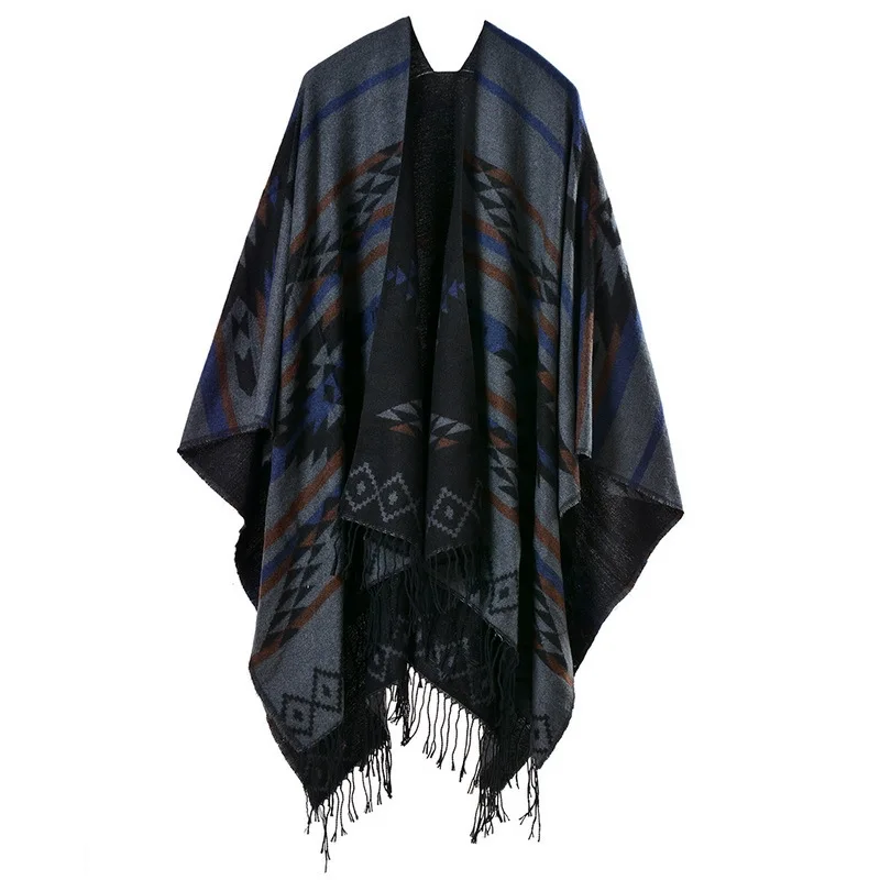 Color: army green, Size: One Size, Ships From: CHINA - European American Popular Tassel Thickened Cashmere Like National Style Travel Fork Shawl Scarf in autumn Ponchos Capes