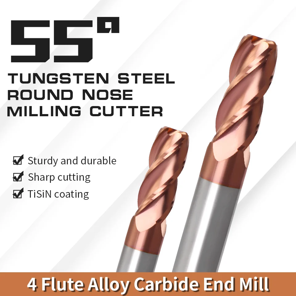 Cutting Edge Diameter: 0.9mm, Dimensions: 4*4*12 - AUGT HRC55 Carbide Bull Nose End Mill 4Flutes Copper Milling Cutter Alloy Coating Tungsten Steel Cutting Tool For CNC Maching