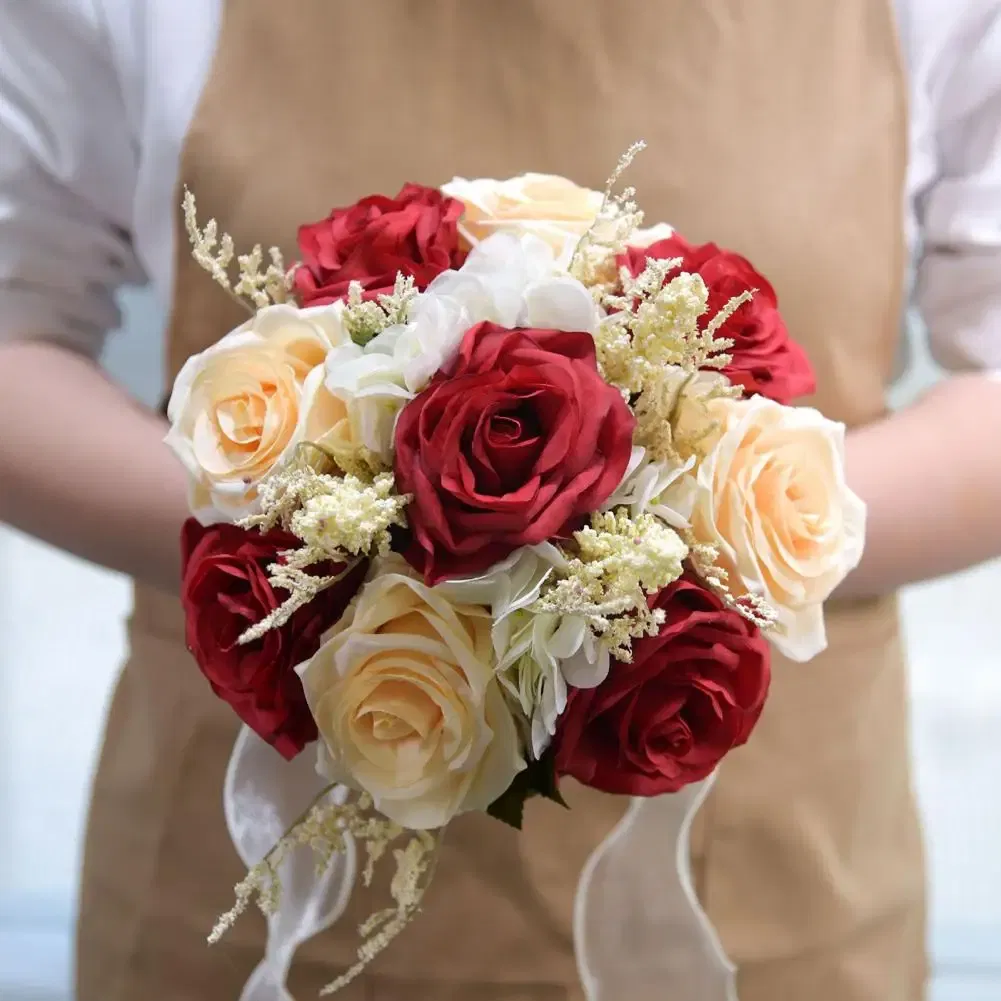 Color: Blue, Ships From: CHINA - Non-fading Artificial Rose Realistic Reusable Wedding Artificial Rose Bouquet with Ribbon Bowknot Green Leaves Elegant