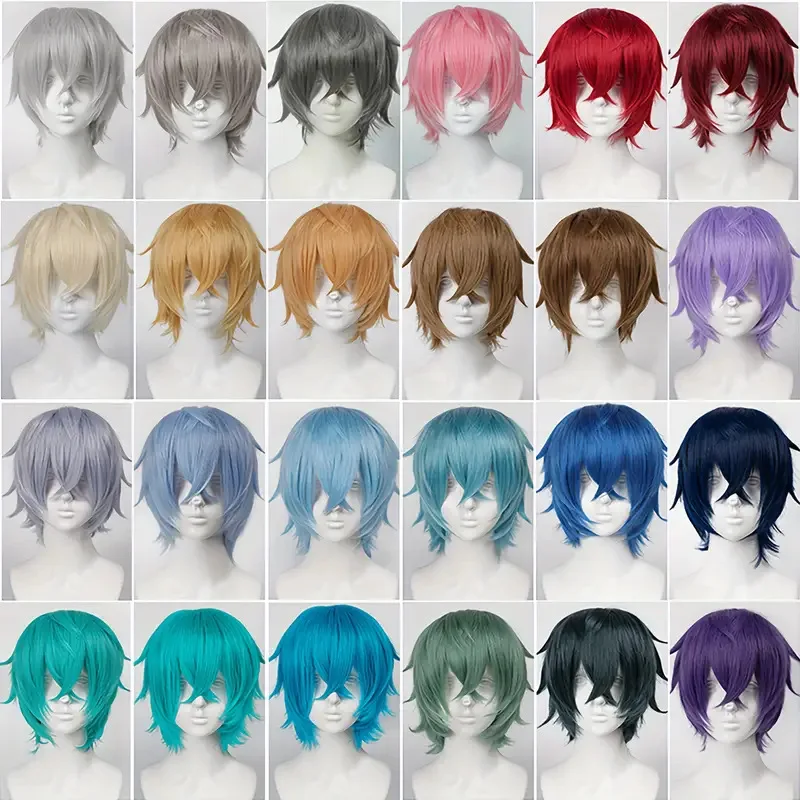 Color: PURPLE, Stretched Length: 12inches - Unisex Short Bob Cosplay Wig with Bangs | Blonde Purple Gray Color | Halloween Party Lolita Costume Wig