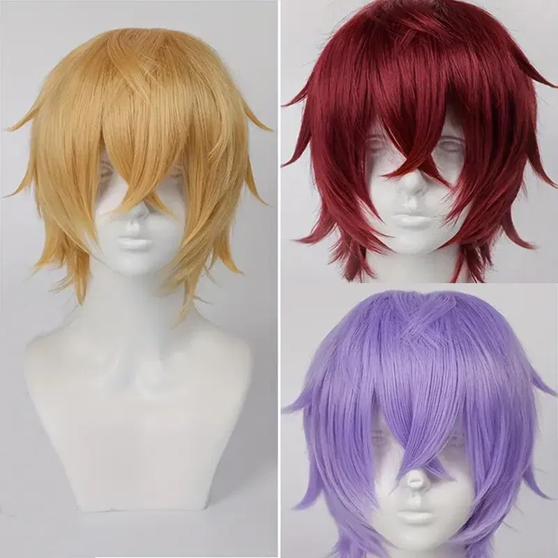Color: PURPLE, Stretched Length: 12inches - Unisex Short Bob Cosplay Wig with Bangs | Blonde Purple Gray Color | Halloween Party Lolita Costume Wig