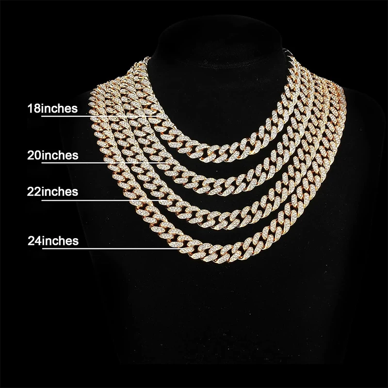 Metal Color: Light Yellow Gold Color, Length: 35cm - Men Women Hip hop Iced Out Bling Chain Necklace High quality 13mm width Miami Cuban Chain HipHop Necklaces Fashion Jewelry