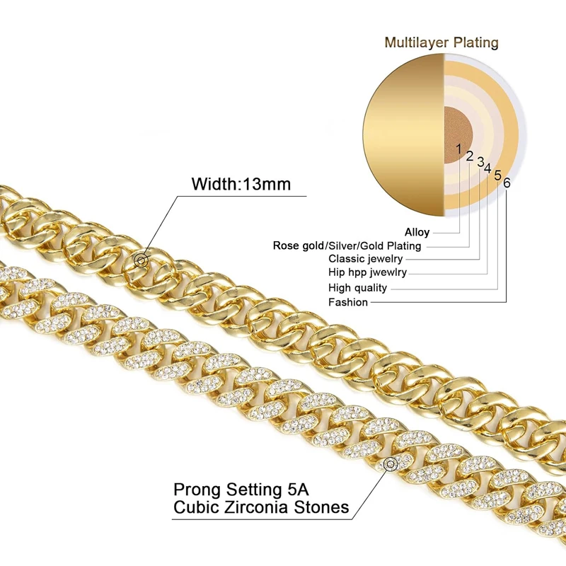 Metal Color: Light Yellow Gold Color, Length: 35cm - Men Women Hip hop Iced Out Bling Chain Necklace High quality 13mm width Miami Cuban Chain HipHop Necklaces Fashion Jewelry