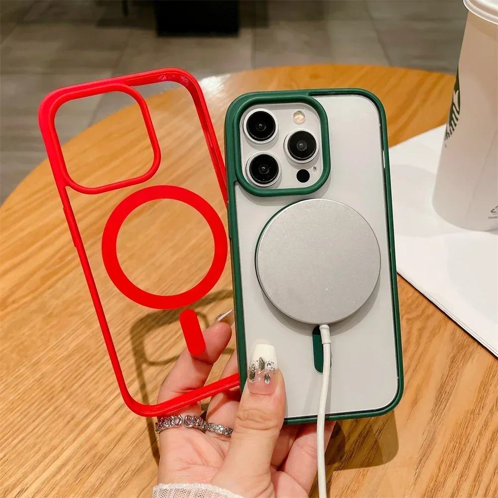 Color: Pink, Material: Leather - Luxury Shockproof Magsafe Wireless Charge Case for iPhone 17 Air 16 15 14 Plus 13 12 Mini 11 Pro Max Clear Magnetic Bumper Cover