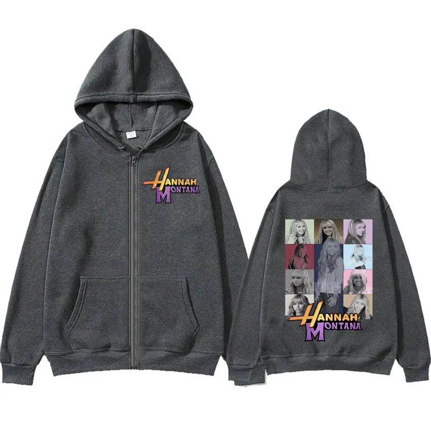 Color: GRAY, Size: S - New Hannah Montana Logo Zipper Hoodie Miley Cyrus The Eras Tour Men Women Jacket Sweatshirt Fashion Aesthetic Trend Zip Up Hoody