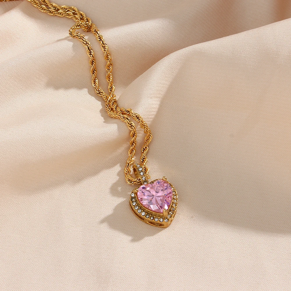 Metal Color: cobalt violet - 2022 New Stainless Steel PVD Plating Heart Shape AAA Cubic Zircon Stone Pendant Necklace Ladies Party Christmas Jewelry Gift