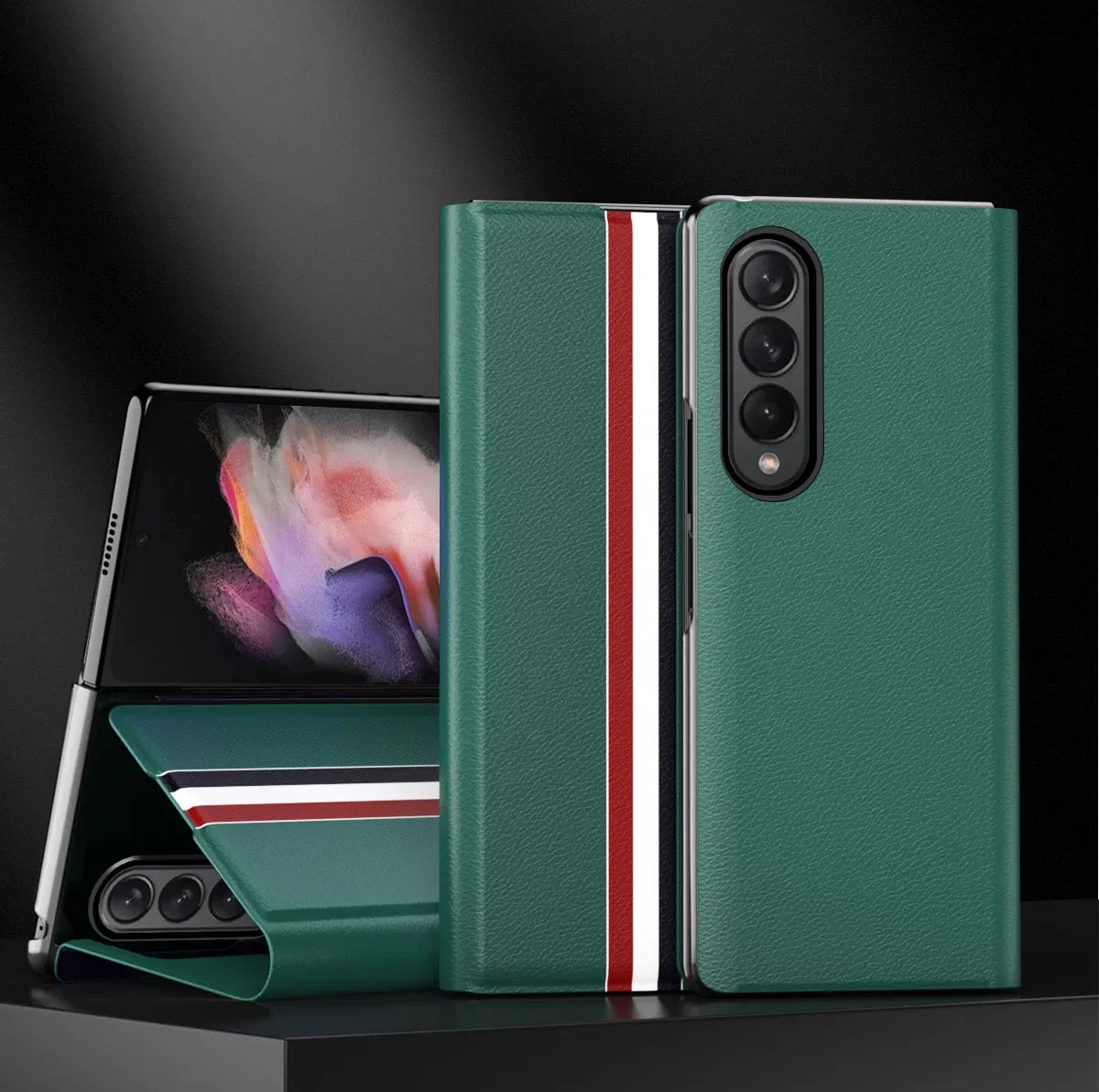 Color: green, Material: aluminum - Leather Wallet Function Case for Samsung Galaxy Z Fold 6 5 3 2 fold6 fold5 Fold4 Fold 4 5G Fold3 Fold2 Full Protection Bag Cover