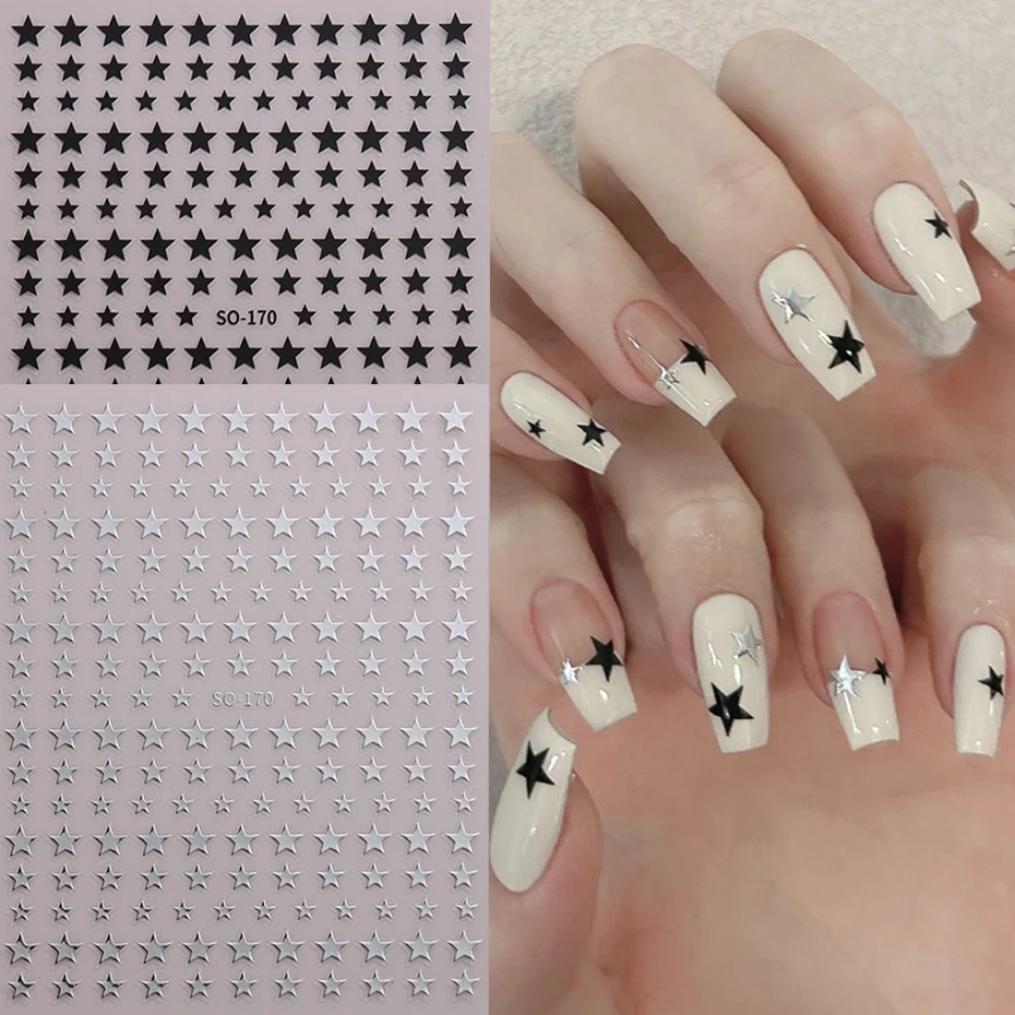 Color: Beige - Sliver Stars Nails Stickers 3D Bronzing Laser White Cross Starlight Glossychic Y2k Stylish Adhesive Manicure Decorations SO-167