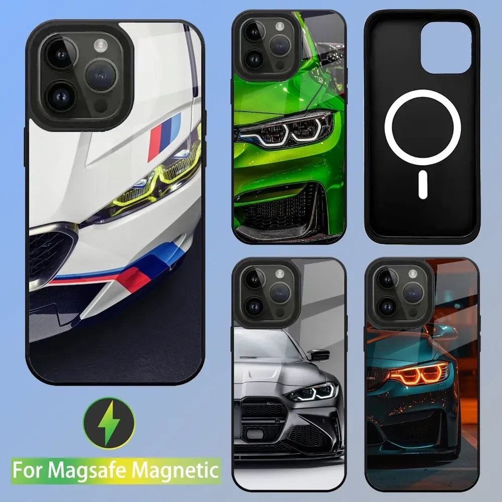 Color: GRAY, Material: Genuine leather - Cool Sport Car B-BMW Phone Case For iPhone 16,15,14,13,12,11,Plus,Pro,Max Mini Magsafe Magnetic Wireless Charging
