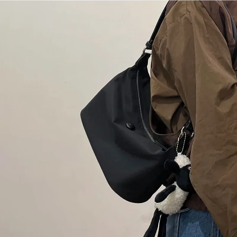 Color: black - Homemade Baby Pink Nylon Fabric Underarm Bag Korean New Inner Lightweight Texture Small Bag Full with Shoulder Handbag