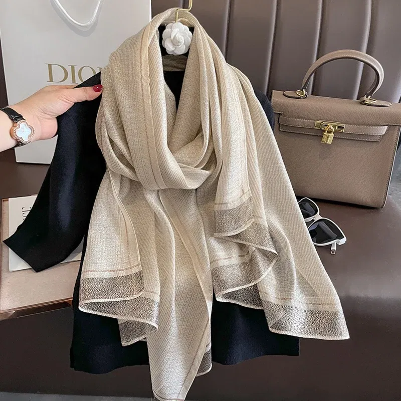 Color: Gold, Size: One Size - 2023 New Women Scarf Winter Warm Solid Silk Wool Shawls Lady Wraps Bufanda Floral Pashmina Luxury Embroidery Warn Scarves