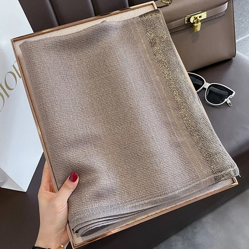 Color: Gold, Size: One Size - 2023 New Women Scarf Winter Warm Solid Silk Wool Shawls Lady Wraps Bufanda Floral Pashmina Luxury Embroidery Warn Scarves