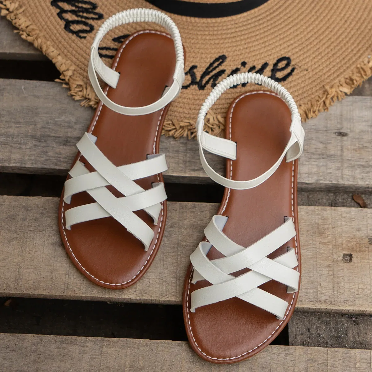 Color: Brown, Shoe Size: 39 - Shoes for Women 2024 Summer New Women Flat Sandals Bottom Roman Strap Sandals with Non Slip Rubber Soles Ladies Daily Sandalia