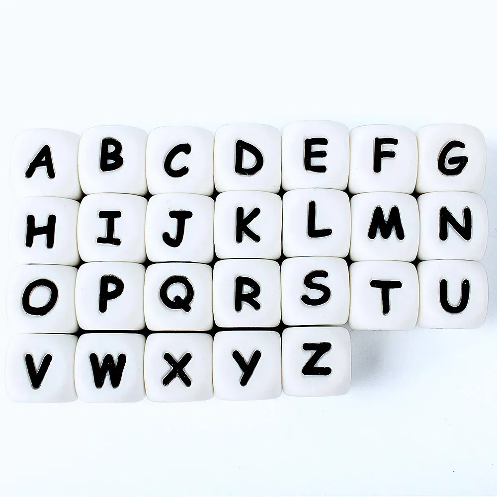 Color: light yellow - 10pcs 12mm Baby Silicone Letters Beads for Pacifier Clips Alphabet Bead Baby Chew Teething Teether Nursing Children Gifts 100Pcs