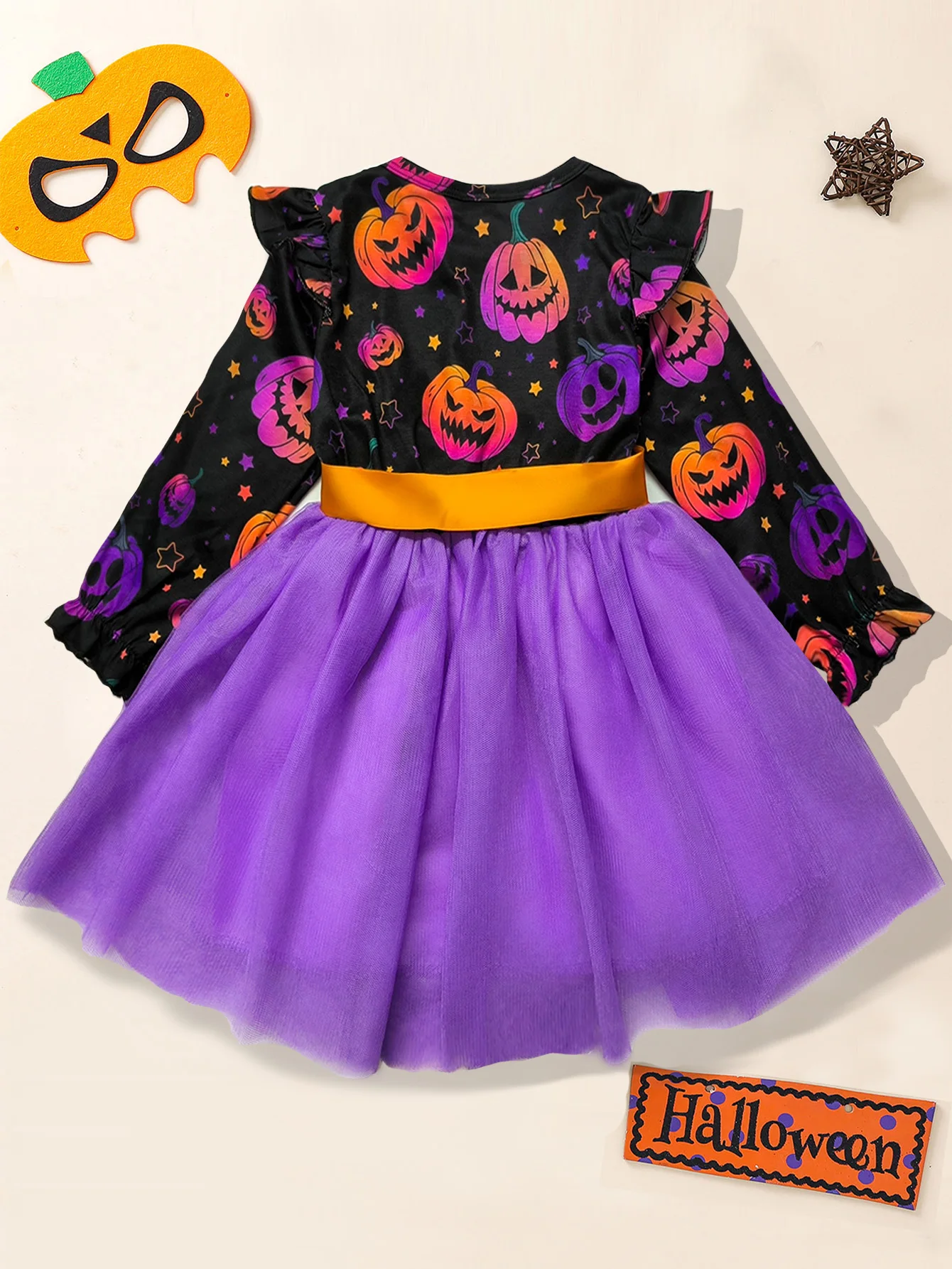 Color: PURPLE, Kid Size: 12 - Girl Halloween Dress Pumpkin Ghost Face Pattern Mesh With Ribbon Long Sleeved Girls Party Dresses 2-8 Children Halloween Costume
