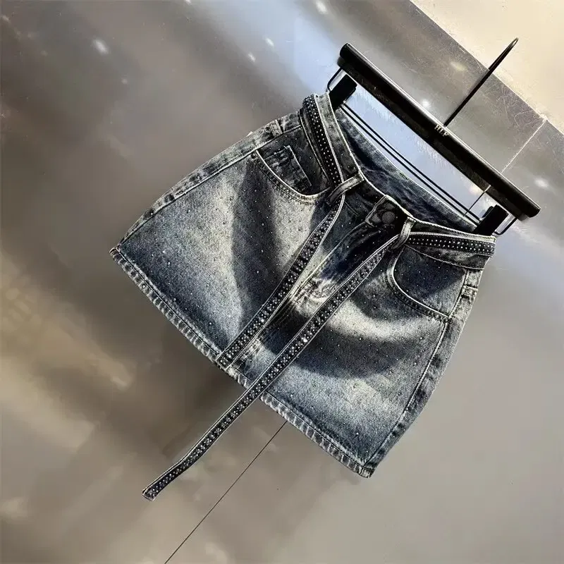 Color: Beige, Size: M - Oversize Retro Diamond Denim Mini Skirt for Women Summer High Waist Shiny Rivet Slim Skirts Gradient Black Grey Jean Skirts