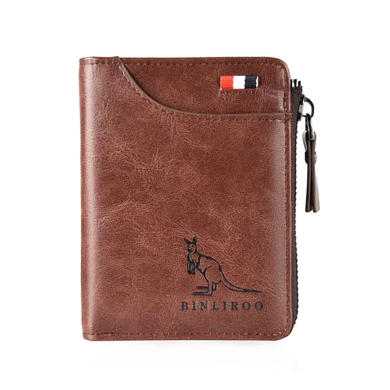 Color: Khaki - Luxury Designer Leather Men's Wallet RFID Zipper Card Holder Wallets for Men Portable Short Male Wallets Handbag