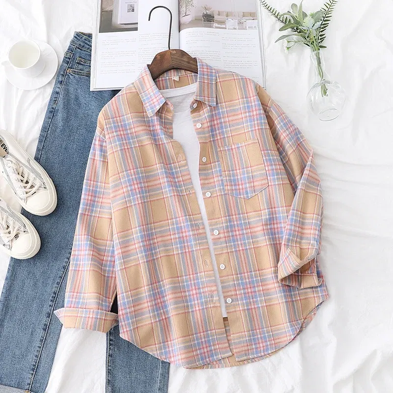 Color: ORANGE RED, Size: S - Fresh Flannel Plaid Shirt Women 2025 New Female Blouses and Tops Cotton Loose Long Sleeve Casual Shirts Fine Women's Clothes