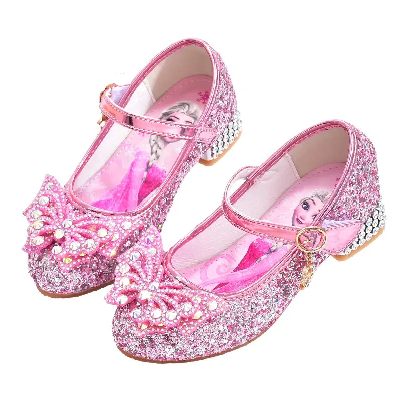 Color: Pink, Shoe Size: 35 - Disney Princess Elsa Leather Shoes Girls' High Heels Shoes Fashion Girls' Crystal Shiny Children's Blue Pink Shoes Size 26-35