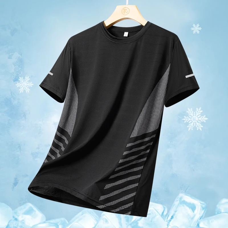 Color: GRAY, Size: L - Men's Silk Ice Round Collar T-shirt, Simple Running Fitness Suit, Breathable Thin T-shirt, Quick Dry T-shirt, Summer
