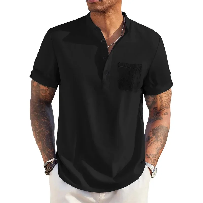 Color: black, Size: M - Summer Men's Cotton Linen T-Shirt Henley Neck Pocket Casual Lightweight Breathable Beach Shirt Solid Color Basic Style Tops